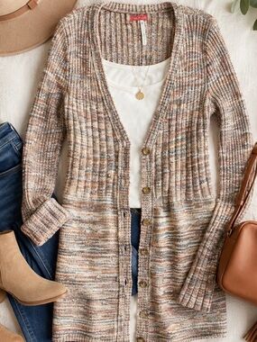 Free people Long Ribbed Button front knit cardigan - Multi neutrals